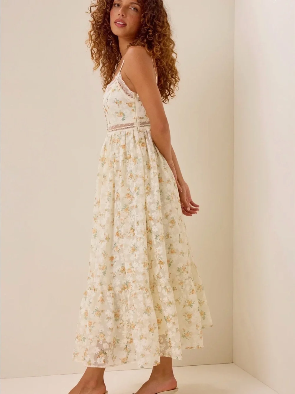 Altar'd State Cream Floral Lace-Trim Maxi Dress